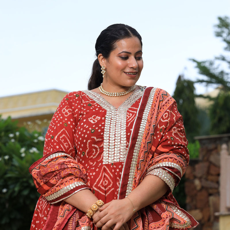 Brick Red Bandhani Gota Anarkali
