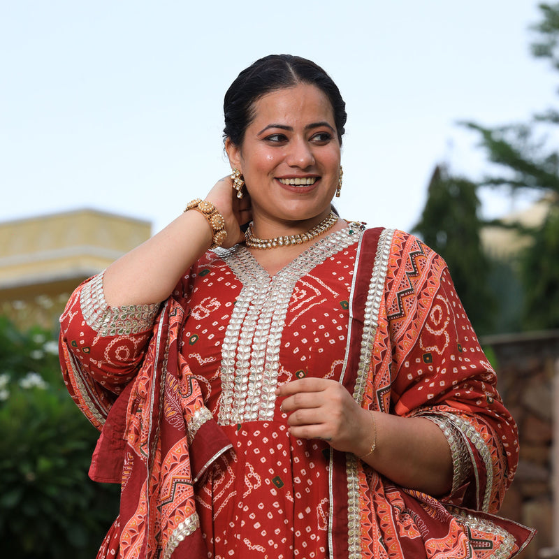 Brick Red Bandhani Gota Anarkali