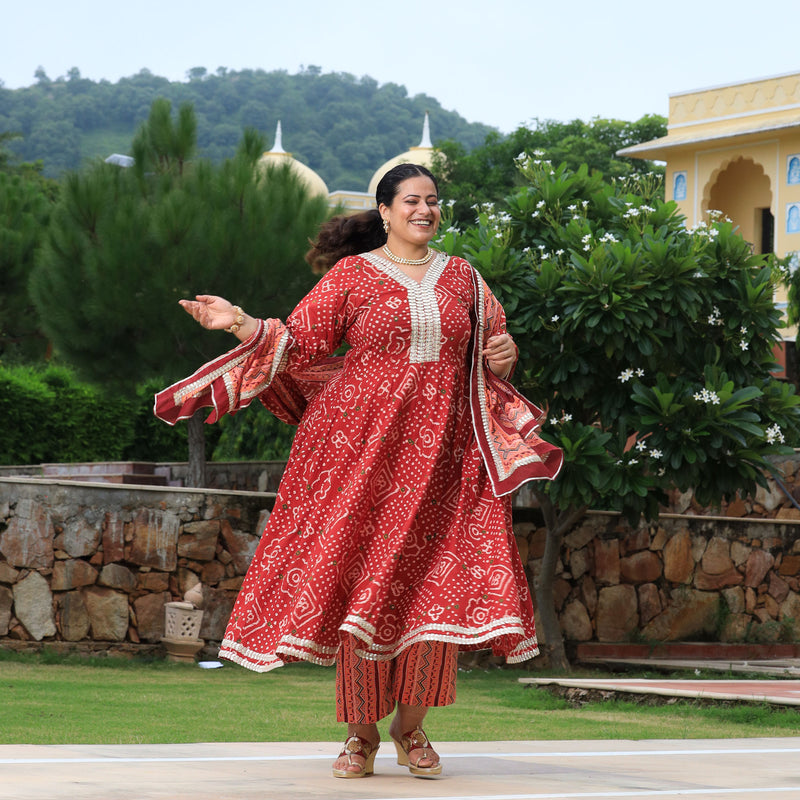 Brick Red Bandhani Gota Anarkali