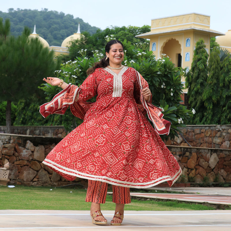Brick Red Bandhani Gota Anarkali