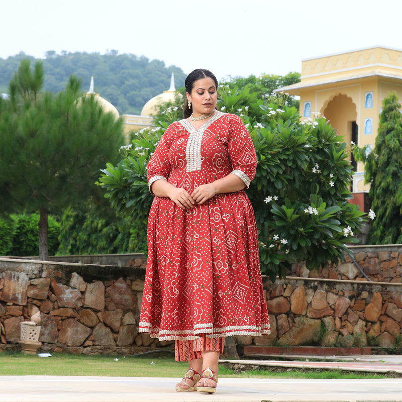 Brick Red Bandhani Gota Anarkali
