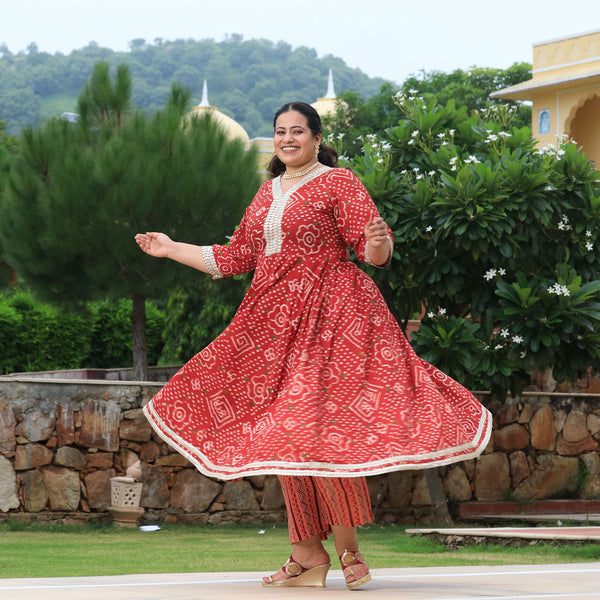 Brick Red Bandhani Gota Anarkali
