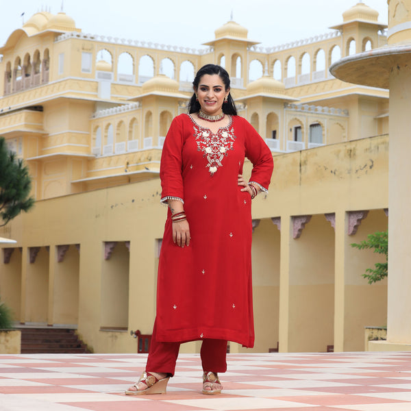 Cardinal Red Handwork Pure Georgette Kurta