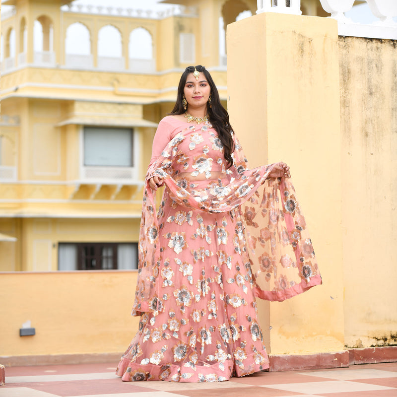 Vintage Rose Sequin Embroidered Net Lehenga Set