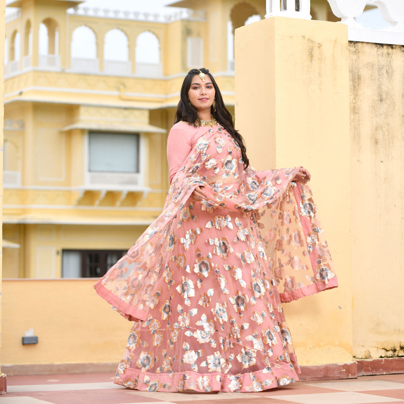 Vintage Rose Sequin Embroidered Net Lehenga Set