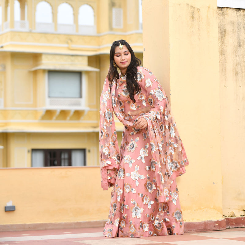 Vintage Rose Sequin Embroidered Net Lehenga Set