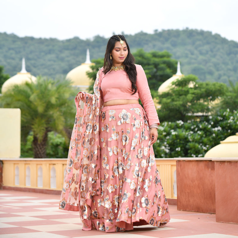 Vintage Rose Sequin Embroidered Net Lehenga Set