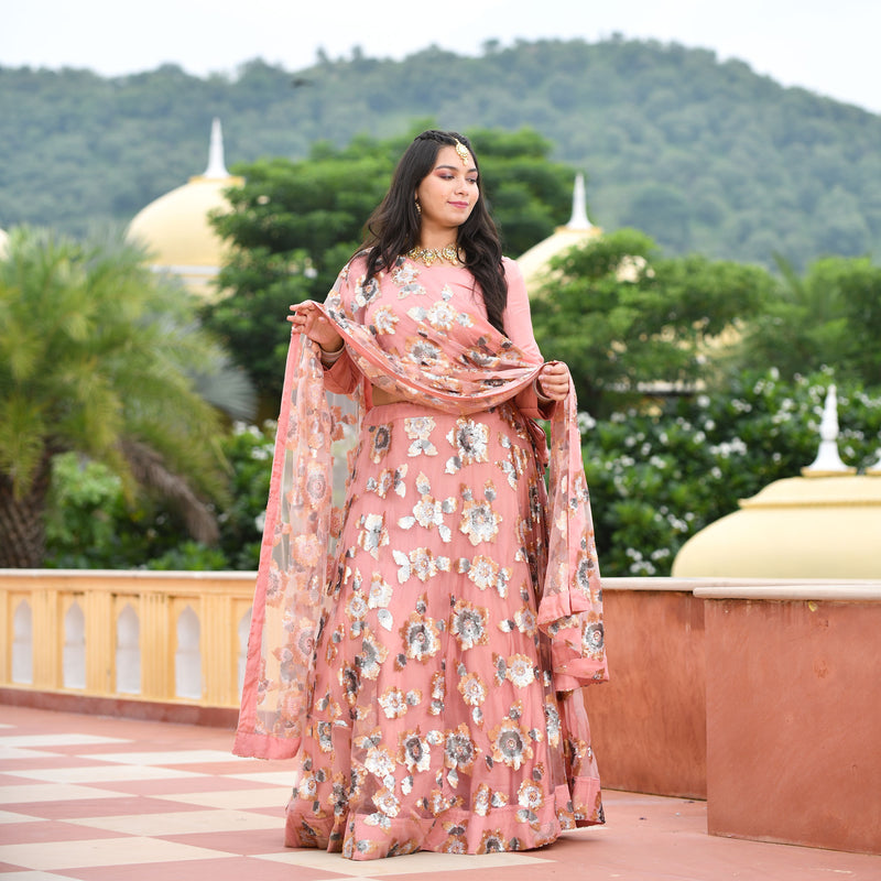 Vintage Rose Sequin Embroidered Net Lehenga Set