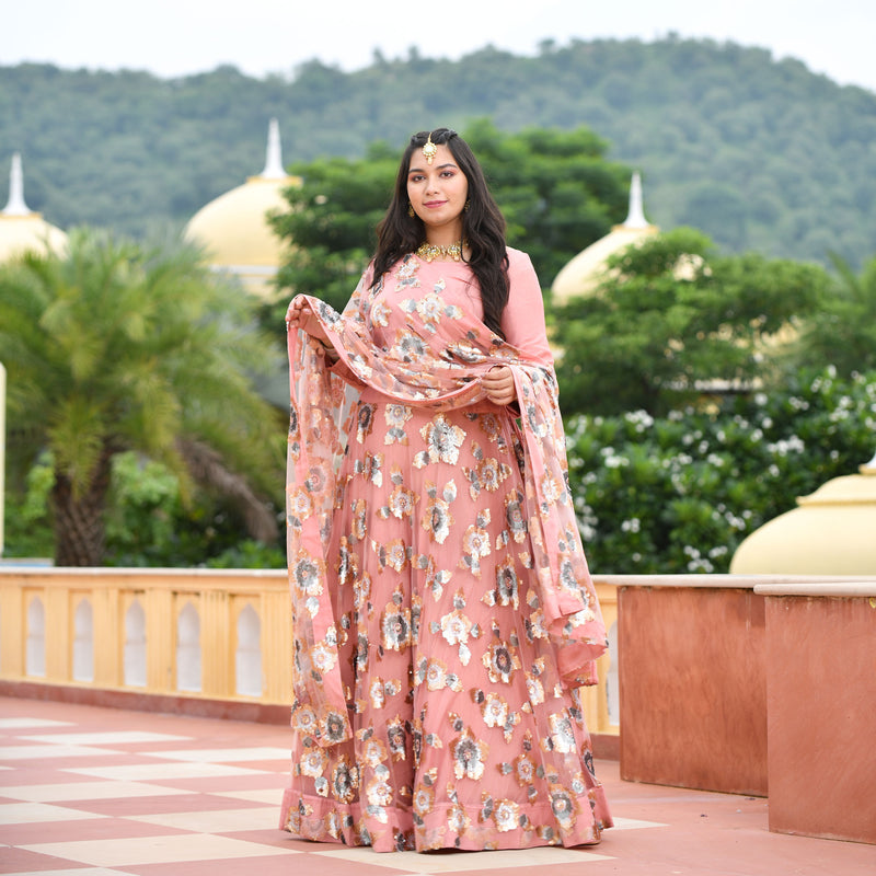 Vintage Rose Sequin Embroidered Net Lehenga Set