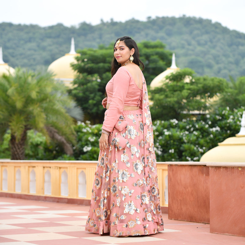 Vintage Rose Sequin Embroidered Net Lehenga Set