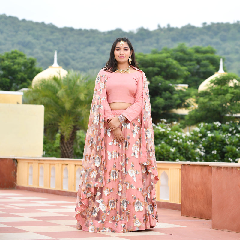 Vintage Rose Sequin Embroidered Net Lehenga Set