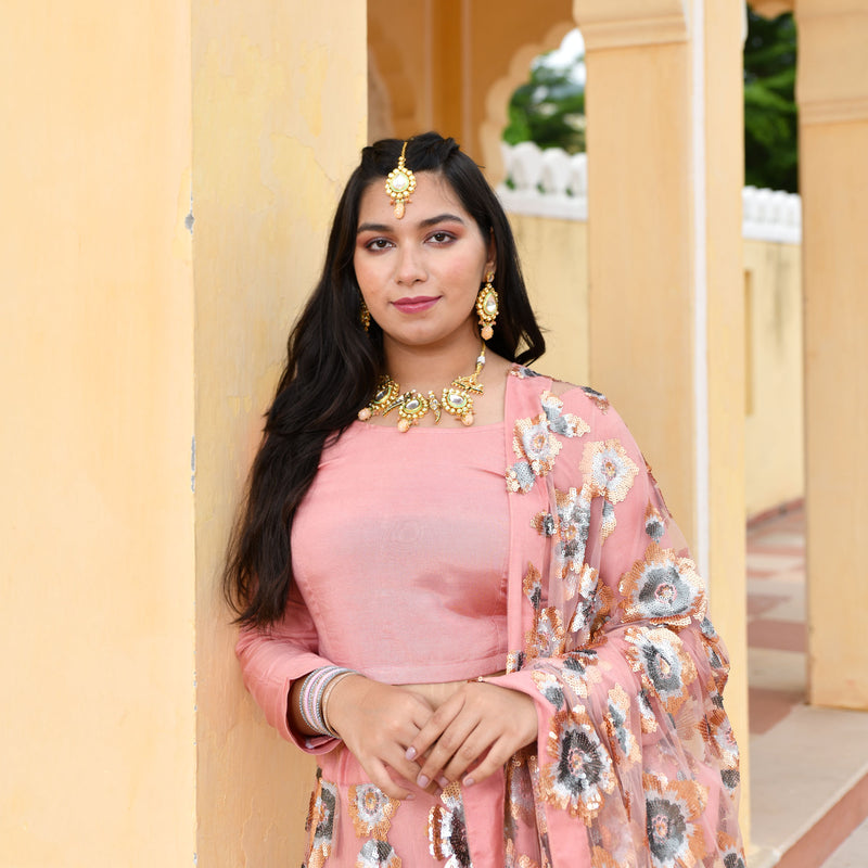 Vintage Rose Sequin Embroidered Net Lehenga Set
