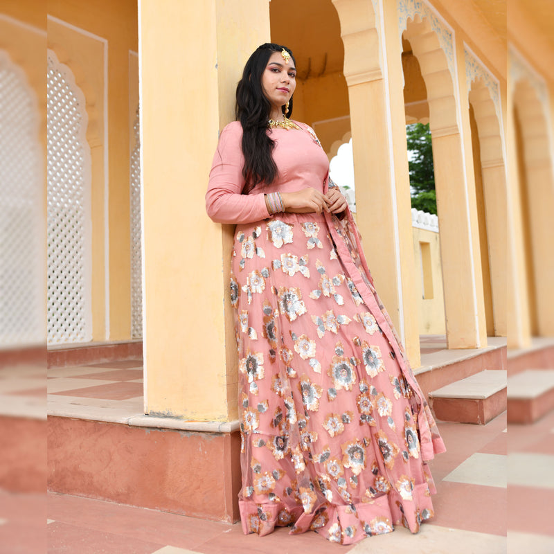 Vintage Rose Sequin Embroidered Net Lehenga Set