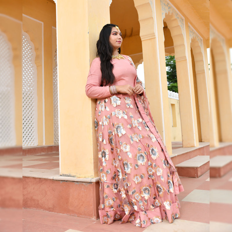 Vintage Rose Sequin Embroidered Net Lehenga Set