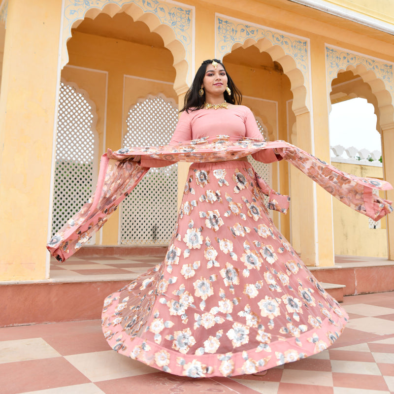 Vintage Rose Sequin Embroidered Net Lehenga Set