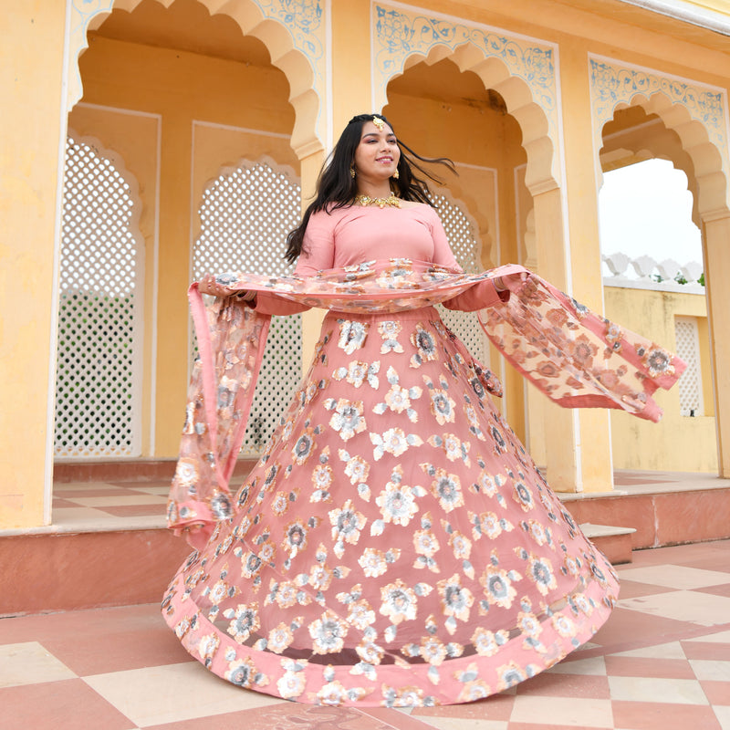 Vintage Rose Sequin Embroidered Net Lehenga Set