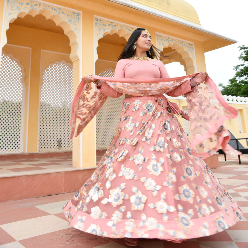 Vintage Rose Sequin Embroidered Net Lehenga Set