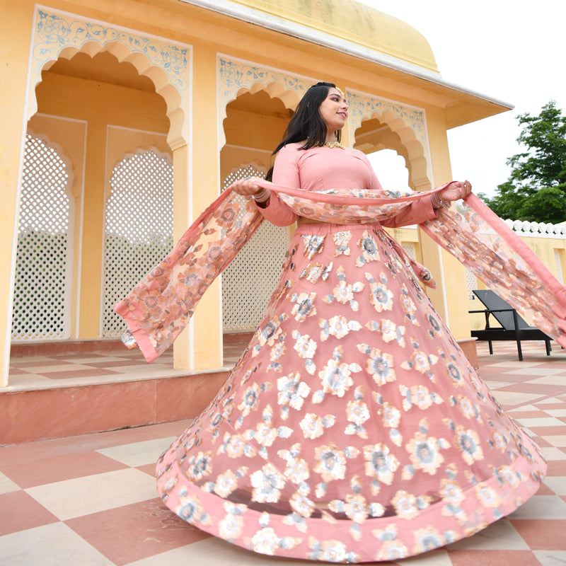 Vintage Rose Sequin Embroidered Net Lehenga Set