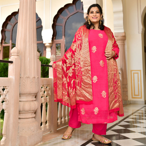 Rose Pink Banarasi Pure Georgette Suit Set