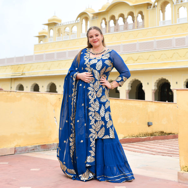 Royal Blue Leaf Sequin Embroidered Sharara Set
