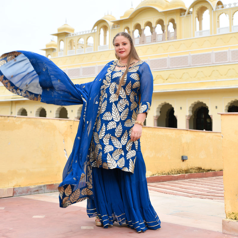 Royal Blue Leaf Sequin Embroidered Sharara Set