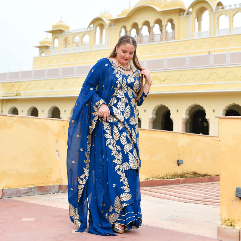 Royal Blue Leaf Sequin Embroidered Sharara Set
