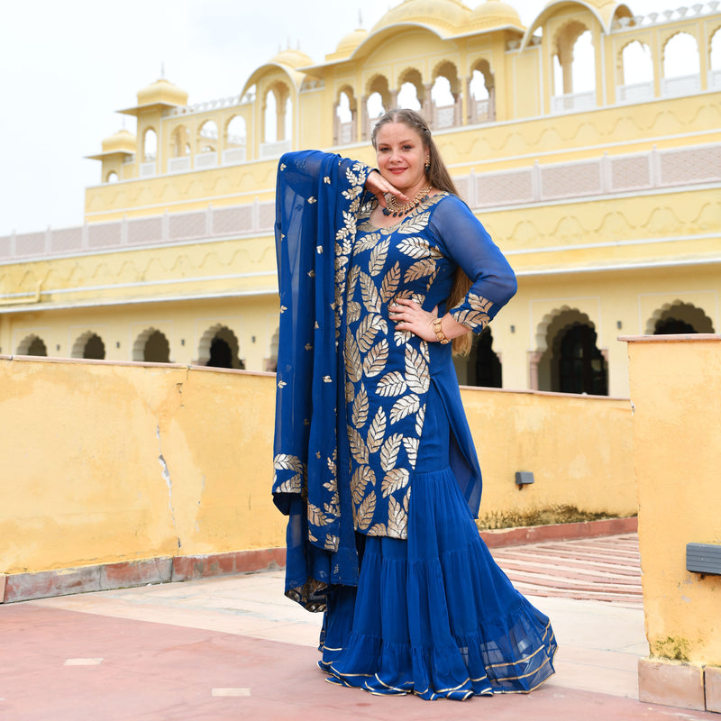Royal Blue Leaf Sequin Embroidered Sharara Set