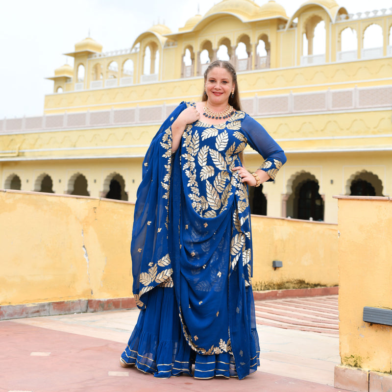 Royal Blue Leaf Sequin Embroidered Sharara Set