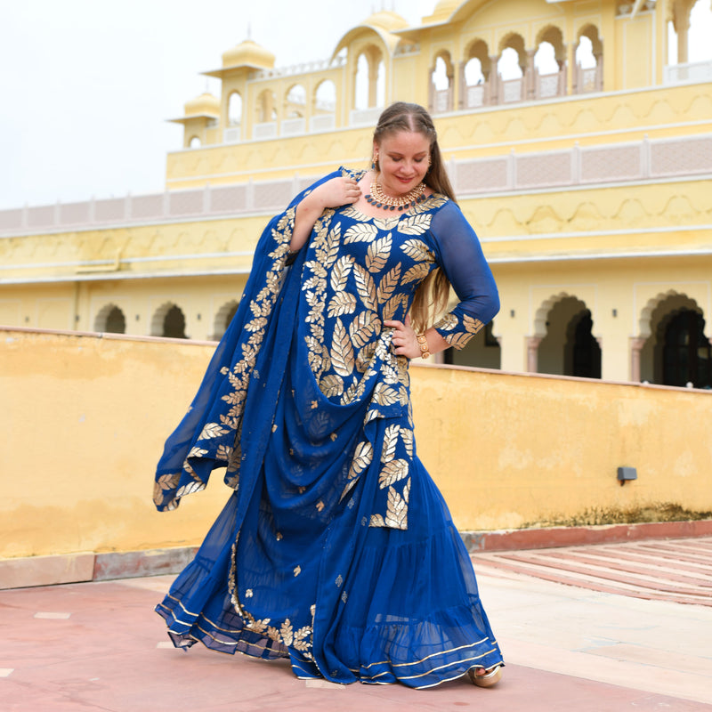 Royal Blue Leaf Sequin Embroidered Sharara Set
