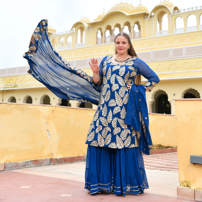 Royal Blue Leaf Sequin Embroidered Sharara Set