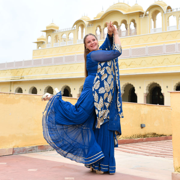 Royal Blue Leaf Sequin Embroidered Sharara Set