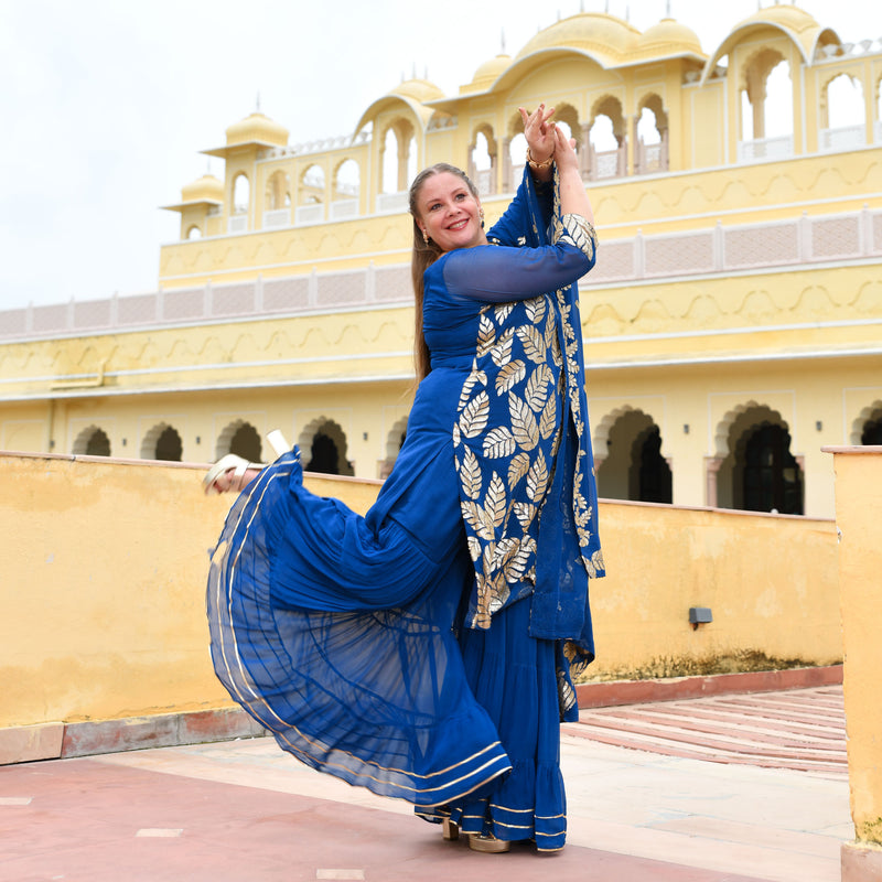 Royal Blue Leaf Sequin Embroidered Sharara Set