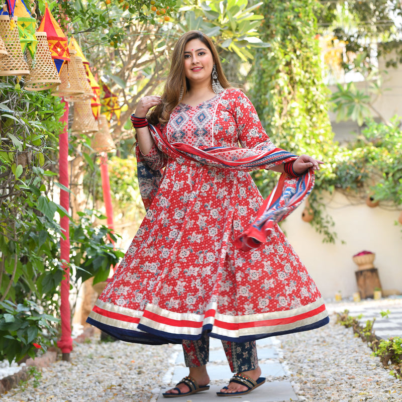 Red Dahlia Floral Cotton Anarkali