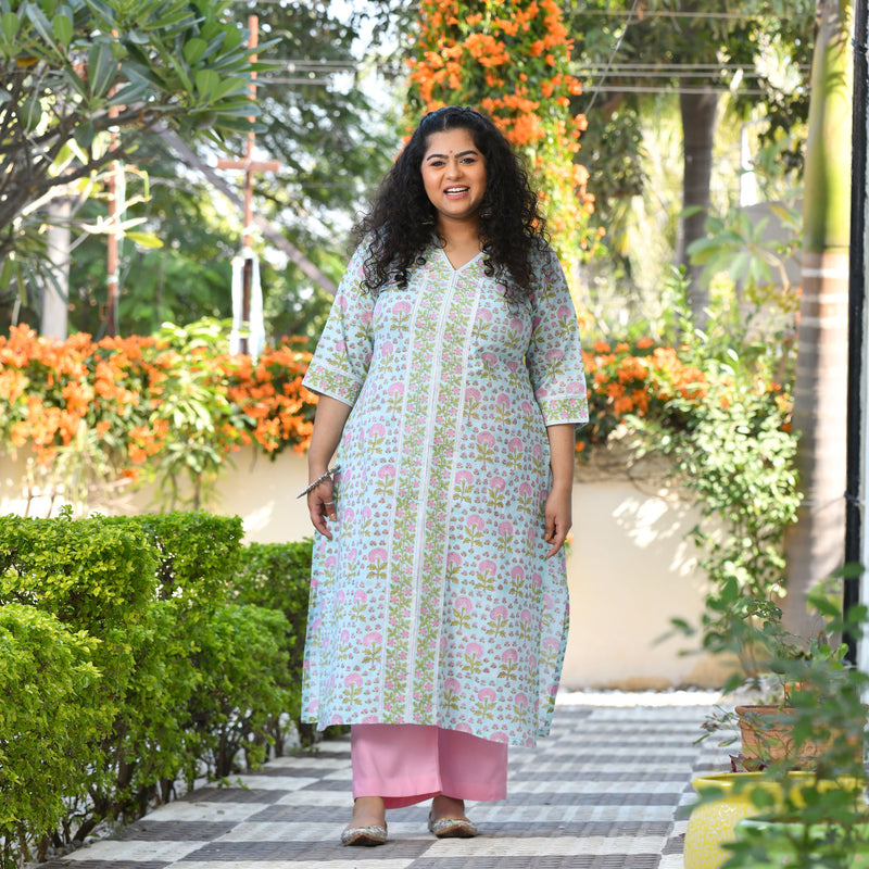 Tropical Blue Blossom Handblock Printed Suit Set