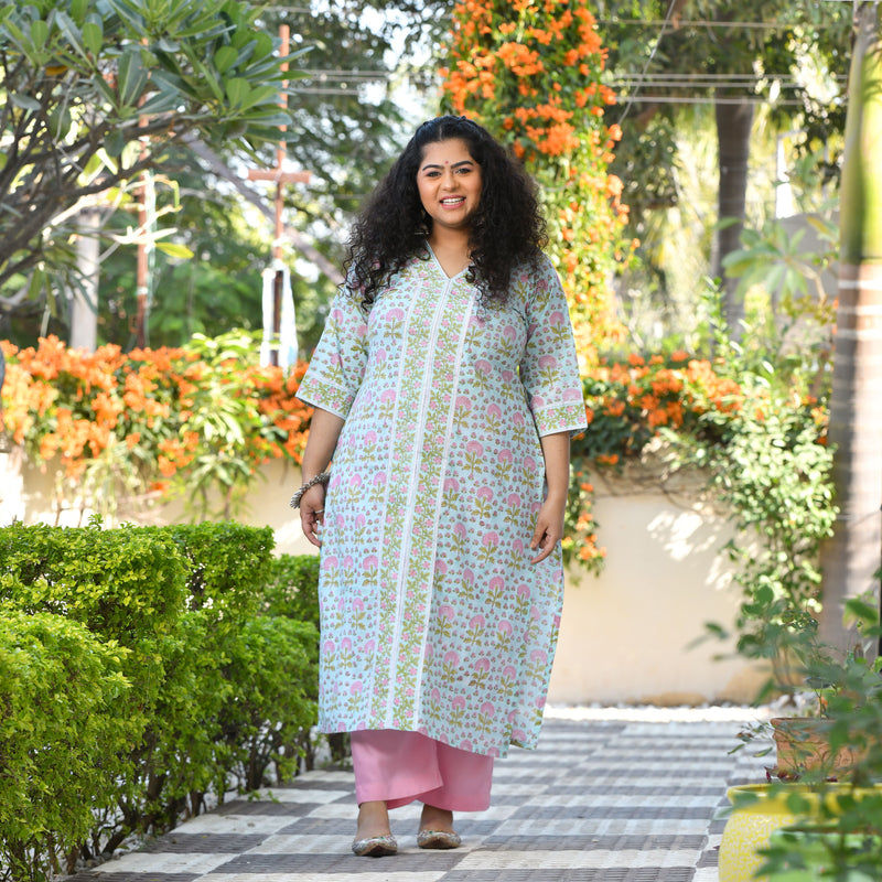 Tropical Blue Blossom Handblock Printed Suit Set