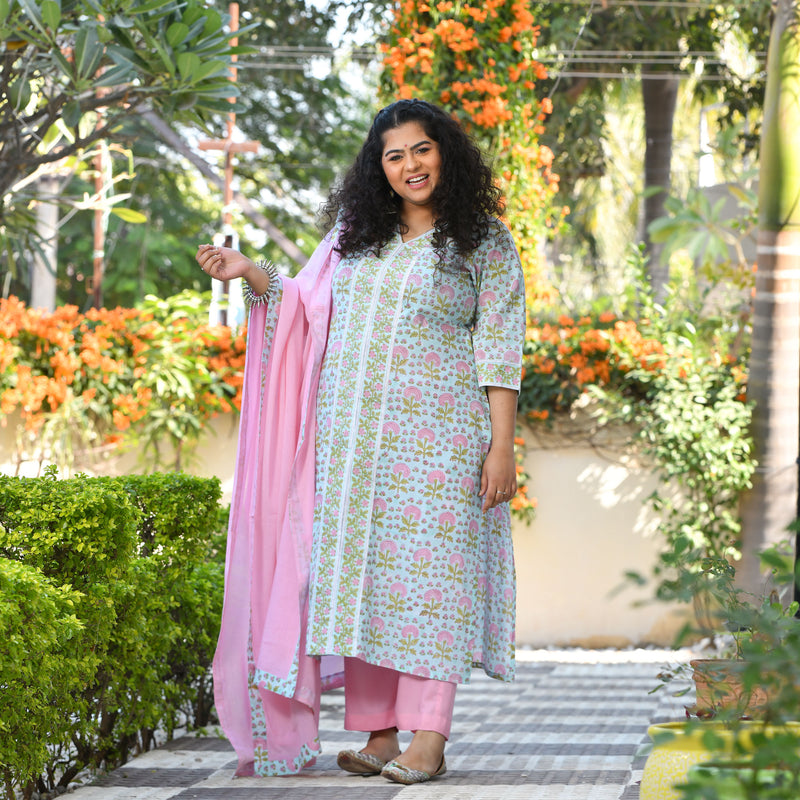 Tropical Blue Blossom Handblock Printed Suit Set
