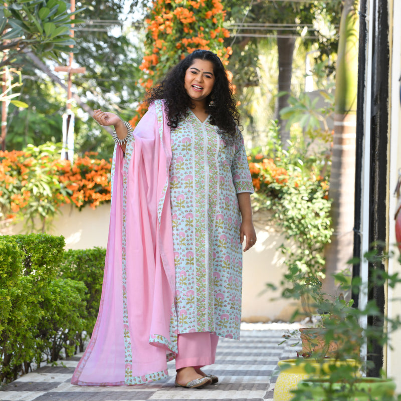 Tropical Blue Blossom Handblock Printed Suit Set