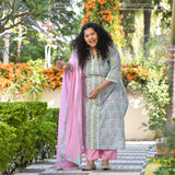 Tropical Blue Blossom Handblock Printed Suit Set