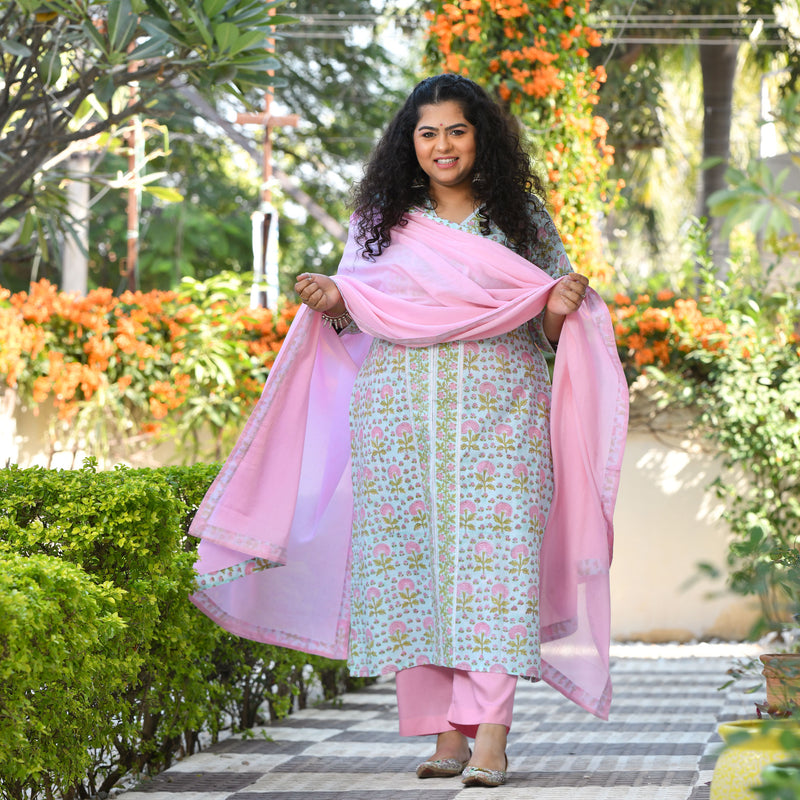 Tropical Blue Blossom Handblock Printed Suit Set