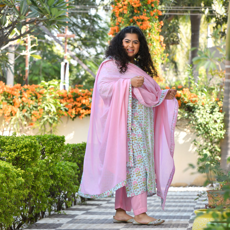 Tropical Blue Blossom Handblock Printed Suit Set