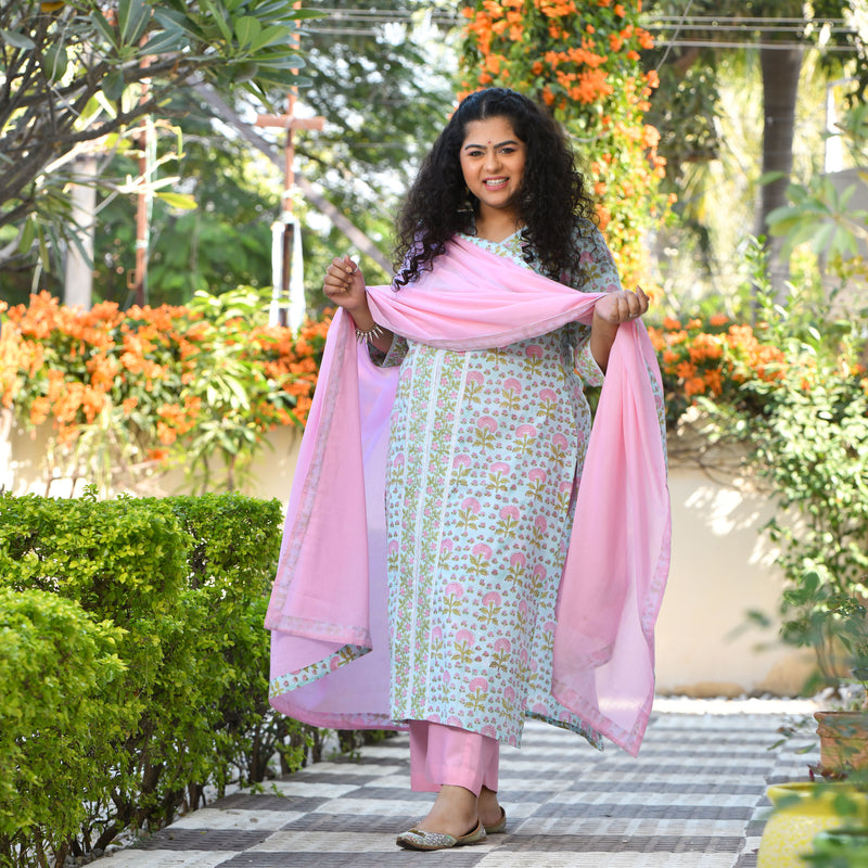 Tropical Blue Blossom Handblock Printed Suit Set