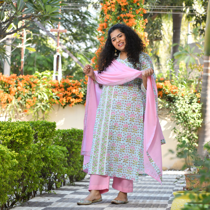 Tropical Blue Blossom Handblock Printed Suit Set