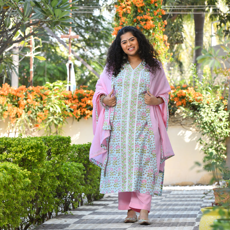 Tropical Blue Blossom Handblock Printed Suit Set
