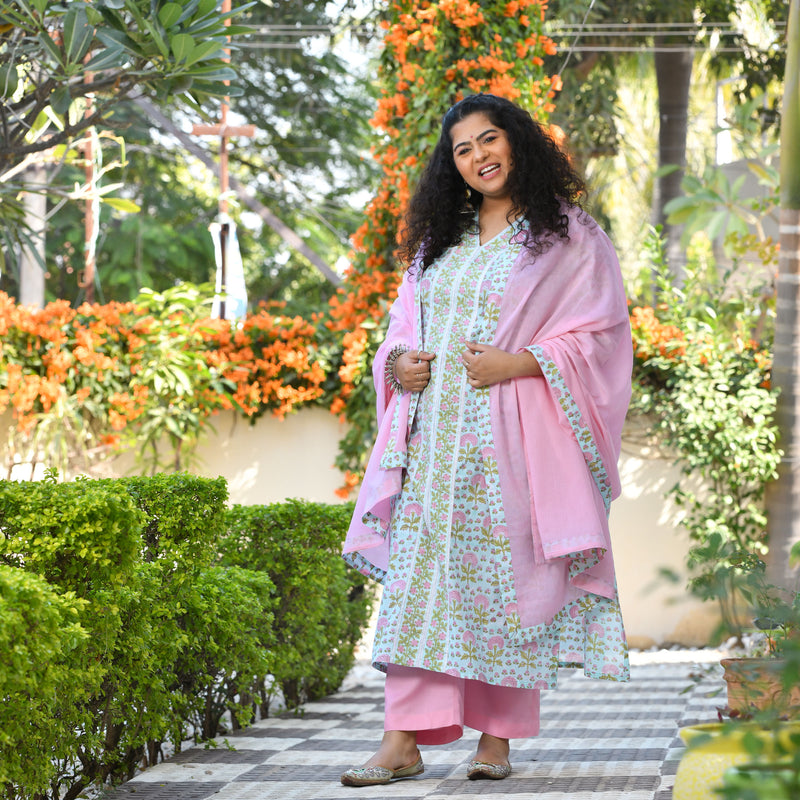 Tropical Blue Blossom Handblock Printed Suit Set