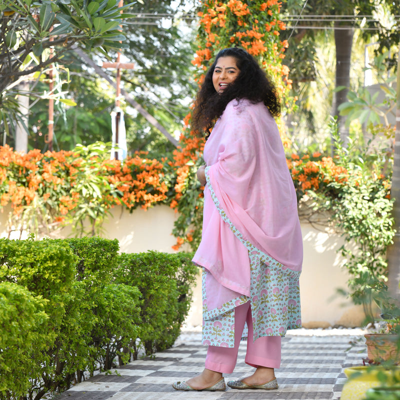 Tropical Blue Blossom Handblock Printed Suit Set