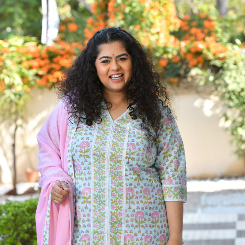 Tropical Blue Blossom Handblock Printed Suit Set