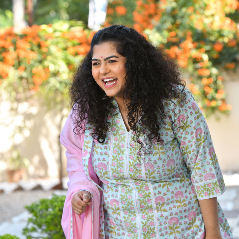 Tropical Blue Blossom Handblock Printed Suit Set