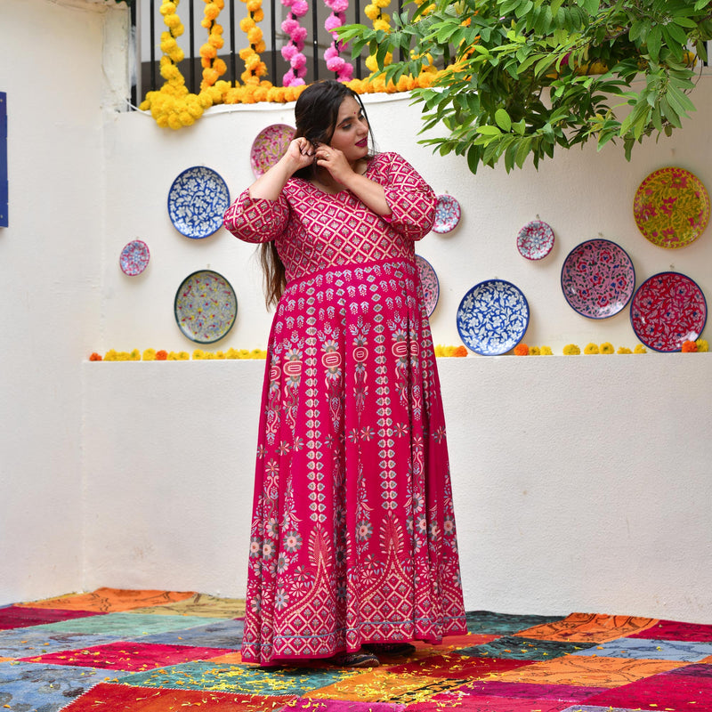 Shiraz Pink Placement Print Anarkali