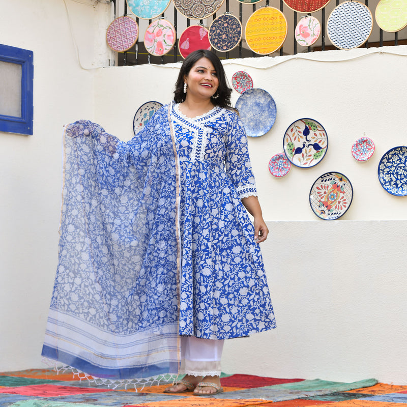 Spring Blue Bloom Floral Cotton Anarkali Set