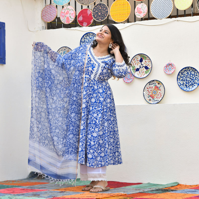 Spring Blue Bloom Floral Cotton Anarkali Set